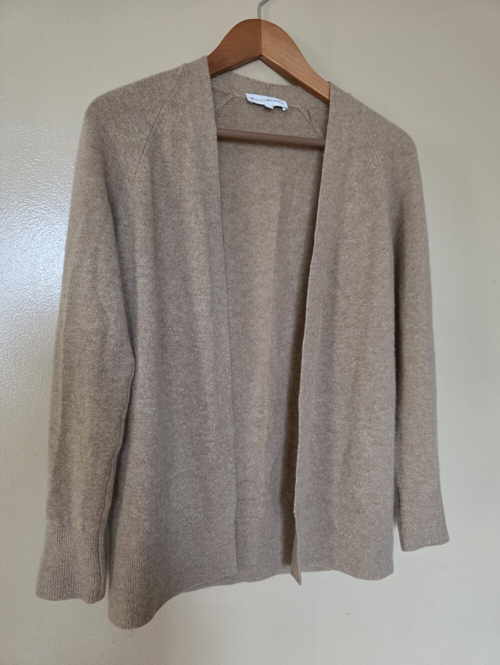 White + Warren 100% Cashmere Open Front Cardigan XS Taupe Oatmeal Quiet Luxury